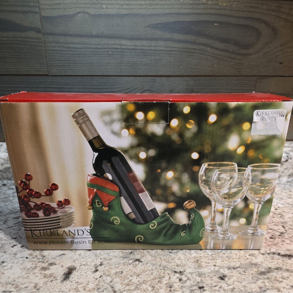 Kirklands Wine Bottle Holder Resin Christmas Elf Shoe Boot Painted With Box